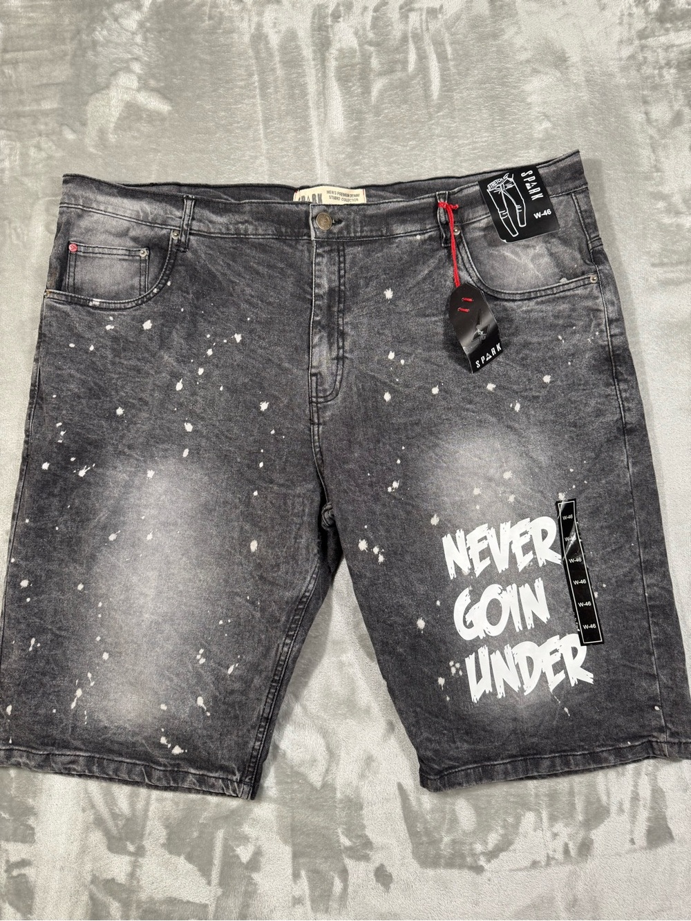 Spark Splatter Men's Ice Black Shorts With White Design Wash Denim Size 46